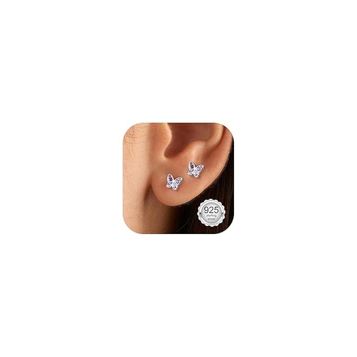 ADRAMATA Orecchini Bambina Argento 925 Orecchini con Borchie Orecchini Ragazza Donna Carino Orecchini a Farfalla Fiore Stella Cuore Piccolo Orecchini Bambina Anallergici Gioielli Bambina