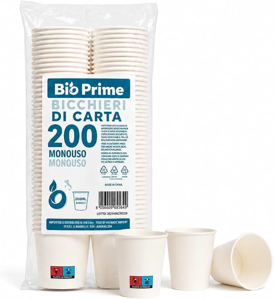 Bio Prime - 200pz - Bicchieri Acqua in Carta 200ml - Bicchieri 200ml Biodegradabili - Per Bevande Calde, Acqua e Bibite - Bicchieri Usa e Getta.