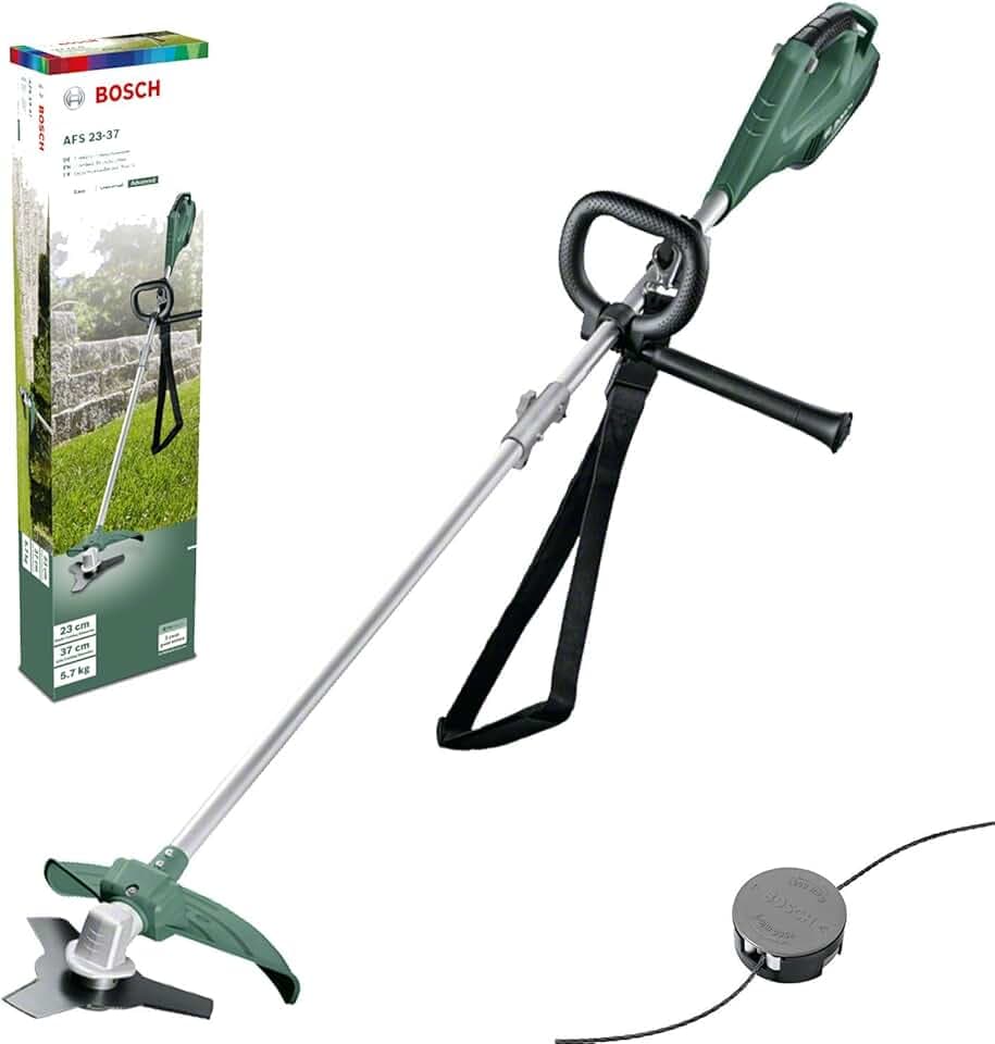 Bosch Decespugliatore AFS 23-37, Lama a 3 taglienti, bobina per fili da taglio, 3 fili da taglio, impugnatura supplementare, cuffia di protezione, confezione in cartone, potenza 1000 Watt