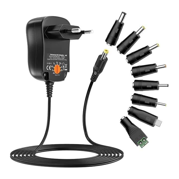Alimentatore universale da 12 W, 3 V, 4,5 V, 5 V, 6 V, 7,5 V, 9 V, 12 V, 1 A, AC DC, con 8 connettori DC per altoparlanti, fotocamera, lampada e più elettronica domestica, 1000 mA.