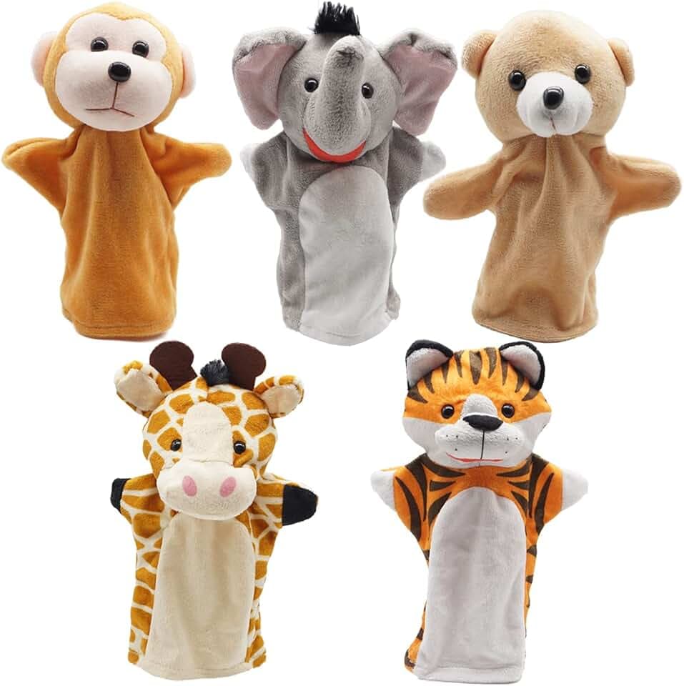 Marionette da Mano, Burattini da Mano Animale Selvatico dello Zoo, Morbide Colorati Giocattoli per Bambini Set di 5