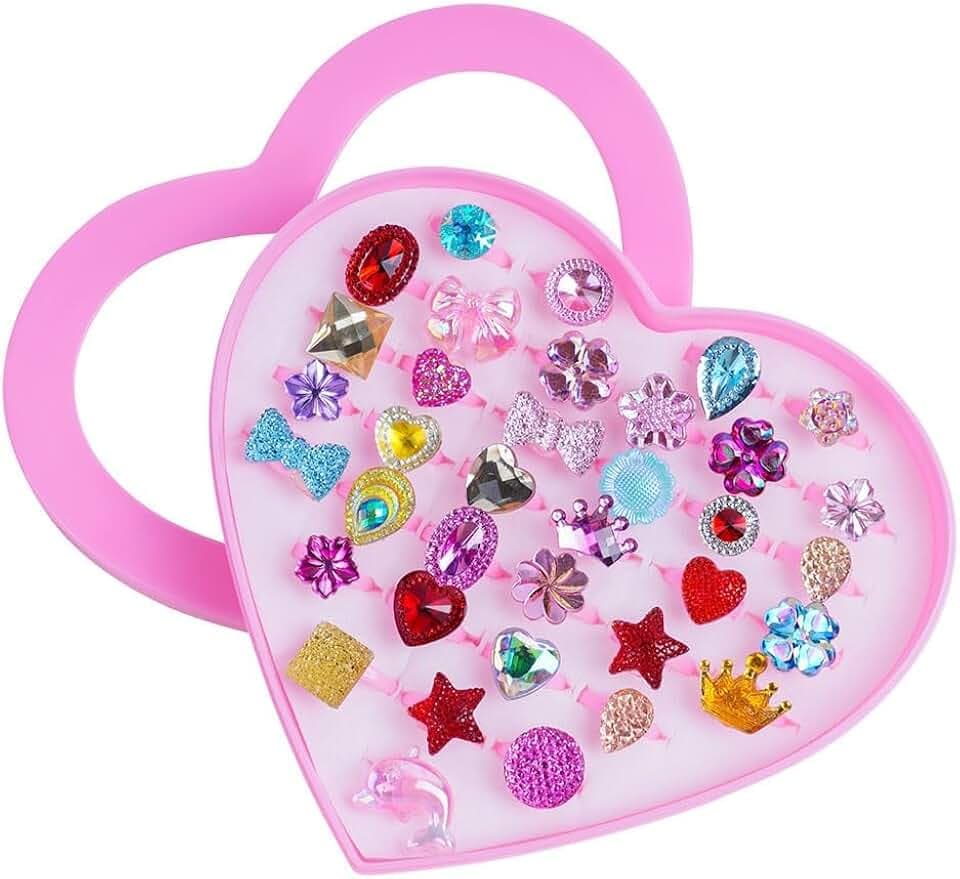 OSDUE OSDUE Anelli per Bambina, 36 Pezzi Regolabili, Gioielli con Rhinestone per Ragazze, Giochi di Vestire per Favori di Festa di Compleanno