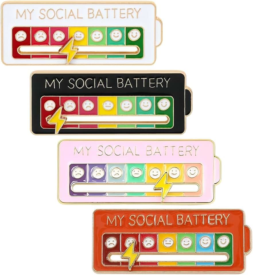 JHAZUN 4 Pezzi My Social Battery Spilla,Batteria Sociale Pin,Divertente Spilla Per L'umore Interattivo,Smalto Badge Nizza Gioielli