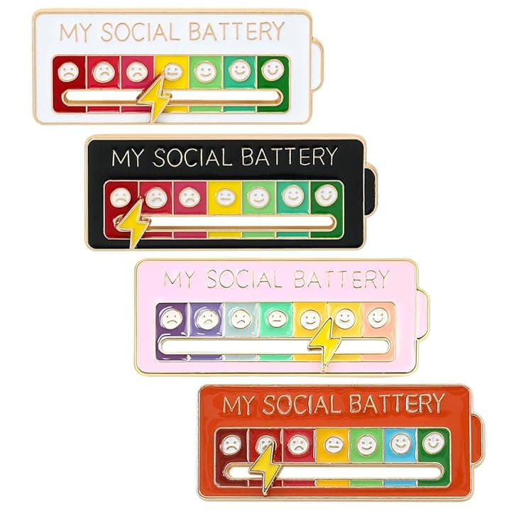 JHAZUN 4 Pezzi My Social Battery Spilla,Batteria Sociale Pin,Divertente Spilla Per L'umore Interattivo,Smalto Badge Nizza Gioielli