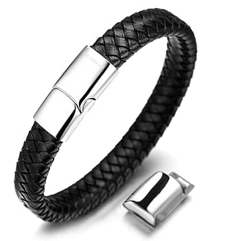 HALUKAKAH Accessori per Bambini ● Solo Junior ● Braccialetto in Pelle per Ragazzi Marrone/Nero Classico, Progettato per Età 6-15, Con Esclusiva Chiusura Magnetica in Titanio Dorato/Argento/Nero, Misura 7”+0.7"(18+1.5cm), Inclusa Confezione Regalo Omaggio