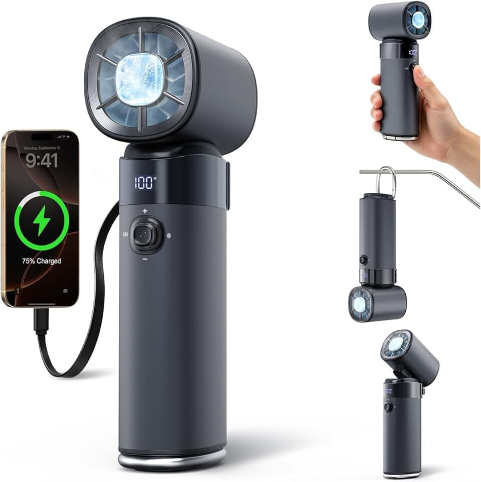 yAyusi Ventilatore Portatile Ricaricabile,Potente Ventilatore Multifunzione da 10000mAh con Funzione di Raffreddamento a Ghiaccio,Ventilatore Turbo 100Livelli di Velocità Regolabili per Viaggi/Ufficio Global Recycled Standard