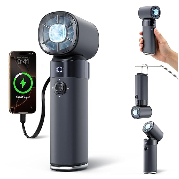 yAyusi Ventilatore Portatile Ricaricabile,Potente Ventilatore Multifunzione da 10000mAh con Funzione di Raffreddamento a Ghiaccio,Ventilatore Turbo 100Livelli di Velocità Regolabili per Viaggi/Ufficio Global Recycled Standard