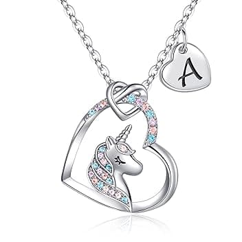 TINGN Collana Unicorno Regali per Ragazze, Ciondolo Cuore Iniziale Placcato Oro Bianco 14k CZ Collana con Iniziale Unicorno per Ragazze Compleanno Unicorni Regali per Ragazze Gioielli da Donna