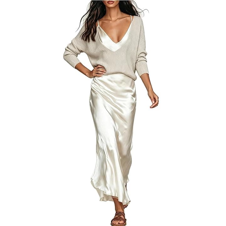 Generisch Abito da donna in raso, elegante cardigan bolero, due pezzi, abito da lavoro, abito da sera, abito da cocktail, abito midi per matrimonio, ospite e feste, elegante abito a tubino