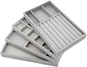PIQIUQIU PIQIUQIU Set di 4 vassoi impilabili per gioielli, organizer per gioielli, contenitore per gioielli, cassetto per conservare ed esporre orecchini, collane, anelli (grigio)
