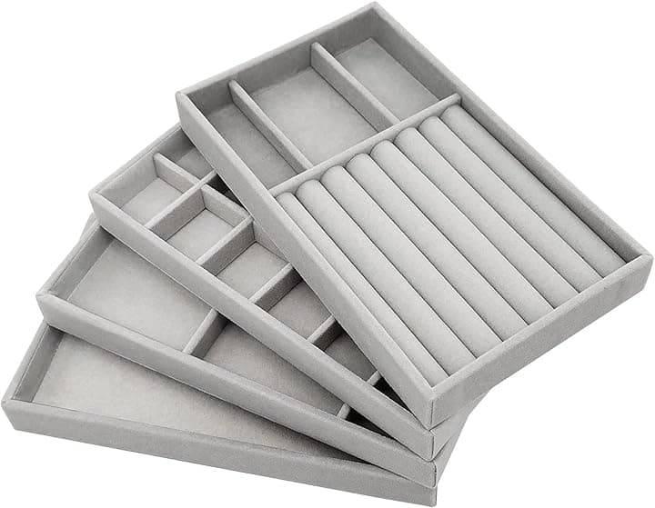 PIQIUQIU PIQIUQIU Set di 4 vassoi impilabili per gioielli, organizer per gioielli, contenitore per gioielli, cassetto per conservare ed esporre orecchini, collane, anelli (grigio)