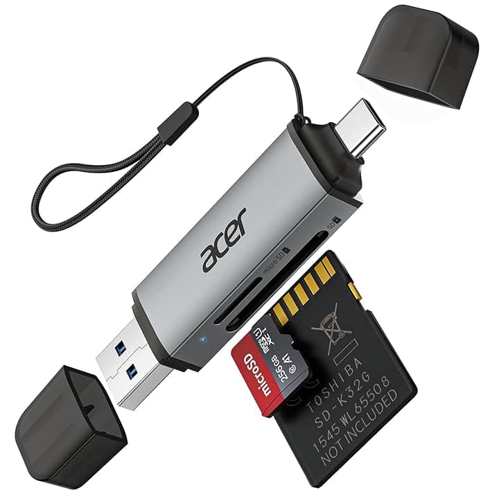Acer Lettore di schede SD, adattatore per lettore di schede di memoria USB C e USB 3.0, supporta SD/Micro SD/SDHC/SDXC/MMC, compatibile con iPhone 17 Pro, MacBook Pro iPad Pro 2021, Pixel, XPS 13 ecc. Recycled Claim Standard 100