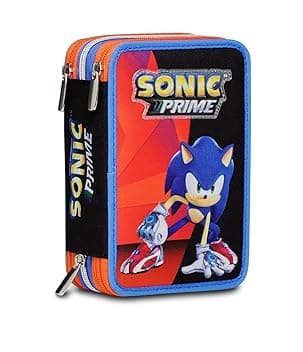 Seven Sonic Astuccio Scuola Elementare 3 Scomparti, COME AND GET ME, Blu Rosso, Contenuto 43 pz, Completo di Matite, Penne, Pennarelli, Portapenne Scuola Bambino Elementari