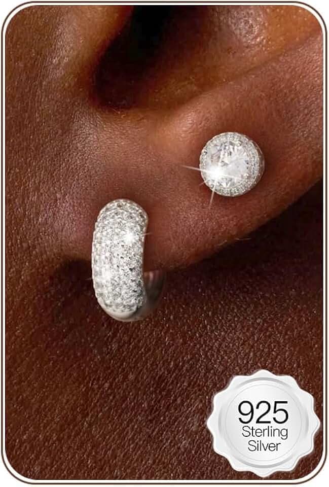 HANLI 2 Paia Orecchini Uomo Cerchio Diamante Argento 925 e Zirconi Cubici Anallergici Leggeri Trendy Gioielli di Moda per le Uomo