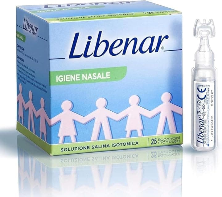 Libenar Soluzione Isotonica, Fisiologica Salina per Detersione di Naso, Occhi, Orecchie e per l'Inalazione in Aerosol, Adatto a Neonati e Bambini, Flaconcini Monouso da 5 ml, 25 Flaconcini