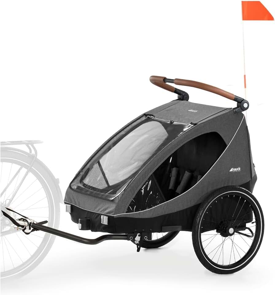 hauck Dryk Duo, Melange Grey - Rimorchio Bici e Passeggino 2in1 per 2 Bambini daa 6 Mesi fino a 22 kg o 120 cm, per Gemelli o Fratelli, Pieghevole con Ampio Spazio, per Bicicletta, E-Bike e Pedelec