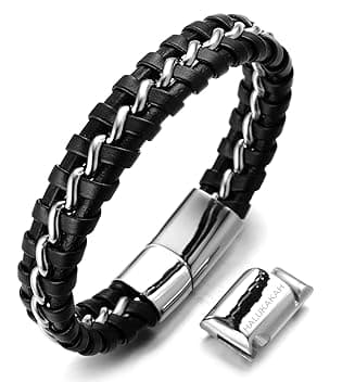 HALUKAKAH Bambini ● Solo Junior ● Bracciale Ragazzo Maschio Vera Pelle Cuoio Nero 6-12+3 Anni Catena Titanio Acciaio Argento Chiusura Magnetica Taglia Regolabile 18-19.5cm con Pacco Regalo Gratuita