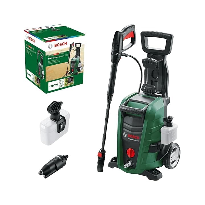 Bosch Idropulitrice UniversalAquatak 135, 2 ugelli, filtro per l’acqua, pistola ad alta pressione, tubo flessibile da 7 m, cavo da 5 m, potenza 1900 Watt, pressione: 135 bar, portata max.: 410 l/h