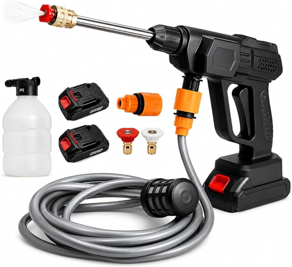 Idropulitrice a Batteria 42V Portatile Professionale, 2 Batterie 8000mAh, Tubo 5M, Pistola Alta Pressione Senza Fili per Auto, Moto, Bici, Pavimenti, Giardino e Pulizia Esterni