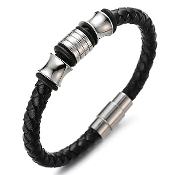 HALUKAKAH Bambini ● Solo Onore Junior ● Bracciale Ragazzo Maschio in Vera Pelle Cuoio Nero 6-12 Anni Perle in Oro Argento Titanio Acciaio Chiusura Magnetica 7"(18cm) con Pacco Regalo Gratuita