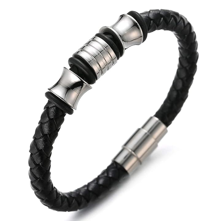 HALUKAKAH Bambini ● Solo Onore Junior ● Bracciale Ragazzo Maschio in Vera Pelle Cuoio Nero 6-12 Anni Perle in Oro Argento Titanio Acciaio Chiusura Magnetica 7"(18cm) con Pacco Regalo Gratuita