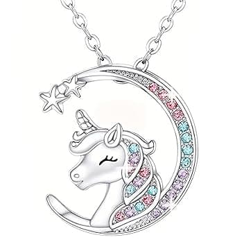 URYVAIW URYVAIW Collana unicorno argento, Ciondolo unicorno con luna e strass colorati, Collana bambina (45+5cm regolabile) per bambini e adolescenti