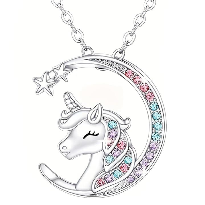 URYVAIW URYVAIW Collana unicorno argento, Ciondolo unicorno con luna e strass colorati, Collana bambina (45+5cm regolabile) per bambini e adolescenti
