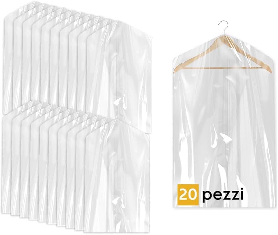 20 Custodie per Abiti 60x90cm Trasparenti - Sacchetti Vestiti Armadio Antipolvere per Tintorie, Giacche e Camicie