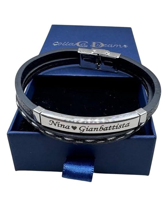 Handmade Bracciale Uomo Personalizzato con Nomi Incisi – Pelle Intrecciata e Acciaio – Idea Regalo per Lui – CollanaDream