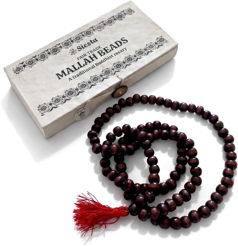 Siesta Collana con perline Mallah Mala, commercio equo e solidale, 108 autentiche perline di legno Uttis, rosario buddista tradizionale con nappa rossa, scatola regalo Lokta fatta a mano in carta con