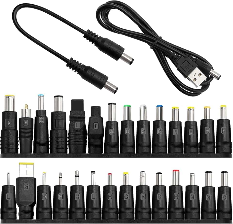28 Pezzi Adattatore di Alimentazione DC Universale, KUOQIY DC Barrel Connettore Tips, 5.5x2.1 mm Femmina a Maschio Adattatore Jack Connettore con 2 Pezzi Cavo, per Ventilatori, Router