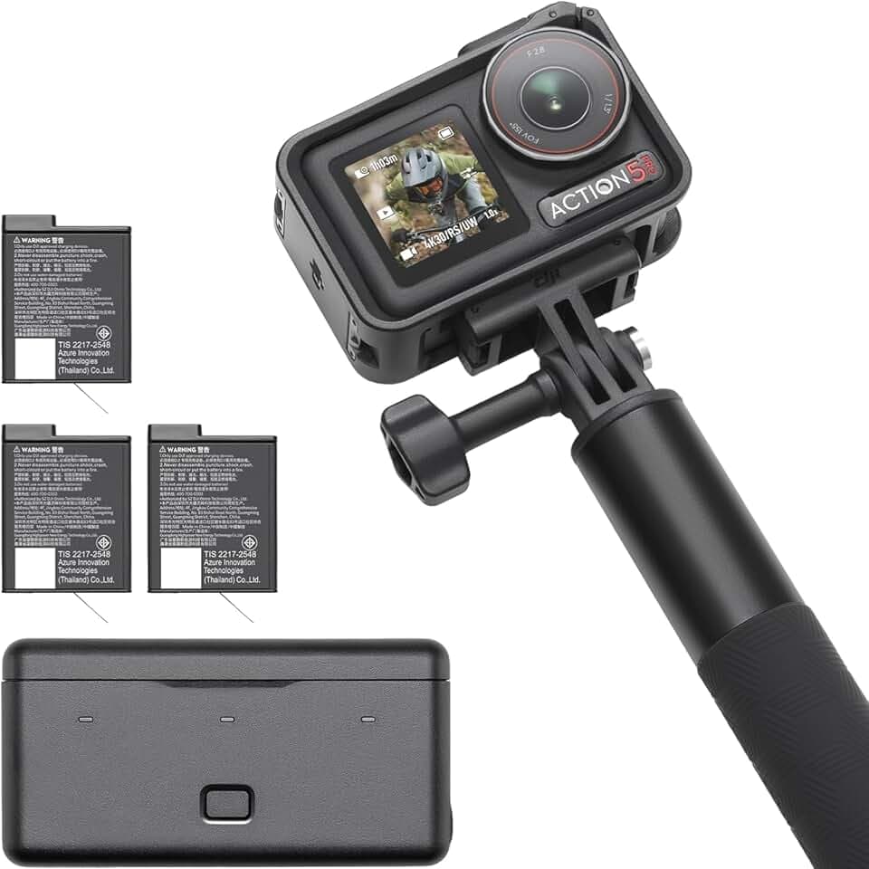 DJI Osmo Action 5 Pro Combo Adventure, action cam 4K con sensore 1/1.3", batteria lunga durata 12h con 3 batterie, stabilizzazione, due touchscreen OLED, mini action cam per viaggi, vlog, Singola