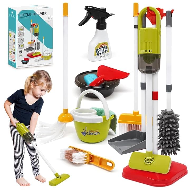 Dreamon Aspirapolvere Giocattolo Bambini, Set Pulizia Bambini Giocattolo da 14 Pezzi, Aspirapolvere 15 × 56 cm, per dai 3 Anni in su