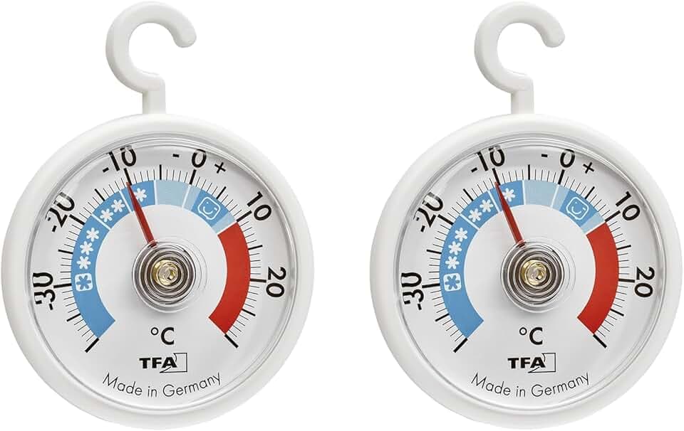 TFA Dostmann Termometro analogico da frigorifero con gancio, set di 2, 95.1036, con zone di raffreddamento, congelatore e cella frigorifera per il controllo della temperatura, fino a -40 °C, bianco