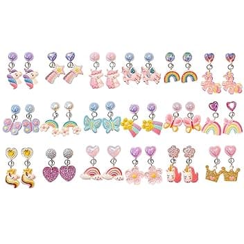 HTTDSLF 18 Paia Orecchini a Clip per Bambina, Orecchini in Resina Non Allergici, a Forma di Cuore Farfalle Fiori Unicorno Arcobaleno Farfalla, Accessori per Gioielli da Principessa per Ragazze