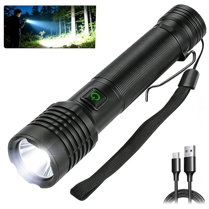 Torcia LED Professionale Ricaricabile 90000 lumen Super Luminosa,Torcia Potente 2600 mAh USB ad Alta Capacità IPX6 Impermeabile Per il Campeggio e l'escursionismo