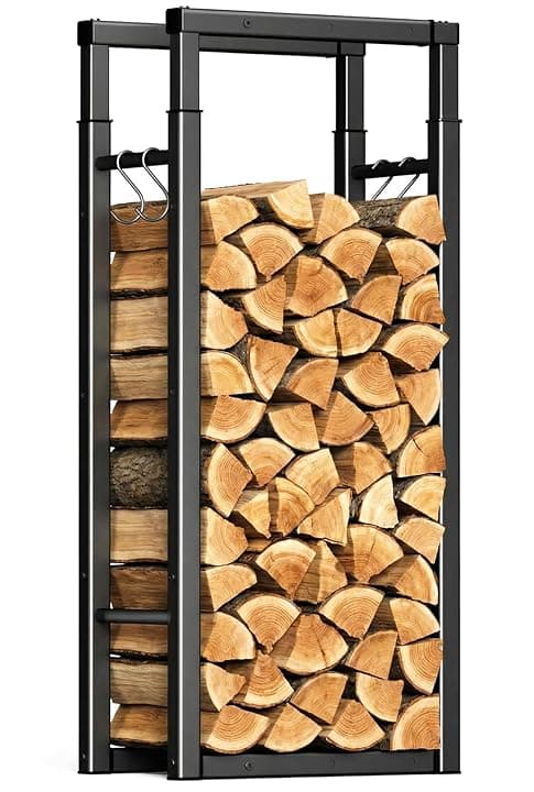 VOUNOT® Legnaia da Esterno in Metallo, Ripiano per Legna da Ardere, Portalegna con Ganci, 65 x 25 x 150 cm, Nero