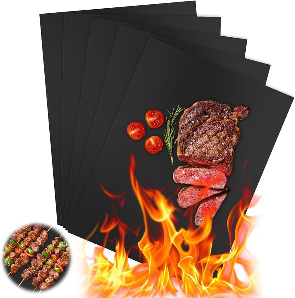 Tappetino Barbecue Accessori BBQ, 5 pezzi BBQ Griglia Tappetini 40x30 cm, riutilizzabile e facile da pulire, Stuoie Barbecue Antiaderente resistente al calore, per barbecue a gas, griglia a carbone