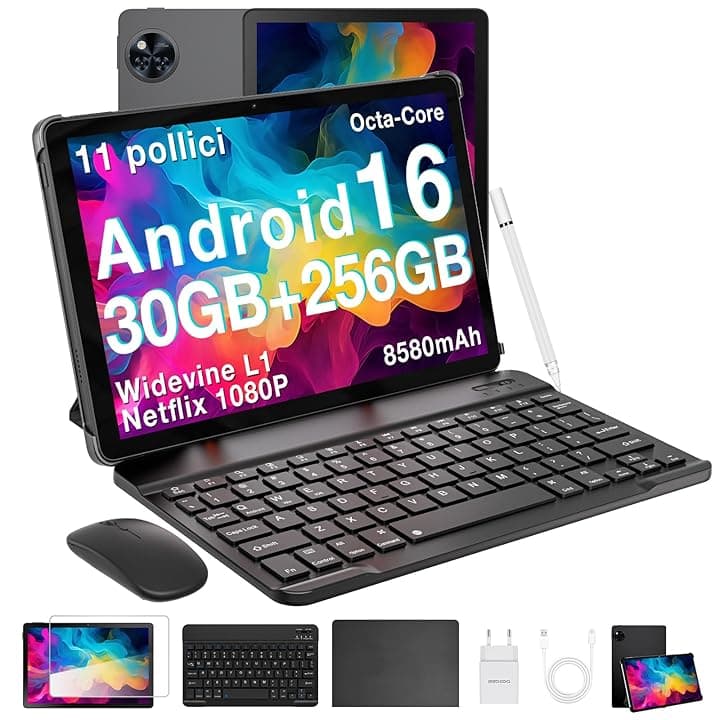 DOOGEE U11 PRO 2025 Tablet Android 16 Gemini AI, 30GB+256GB/2TB Tablet con Tastiera, 8580mAh 7.9mm Thin, T7200 Octa Core Tablets con Penna, 90Hz 1080P Tablets 11 Pollici, Widevine L1/Mouse/Case
