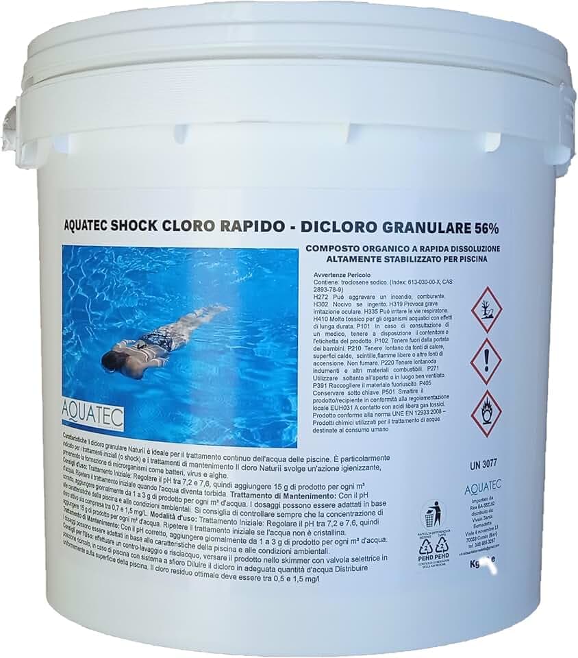 AQUATEC Cloro per piscina rapido dicloro granulare 56% a Rapida Dissoluzione per Trattamento Shock e Mantenimento Acqua di Piscina (5, Chilogrammi)