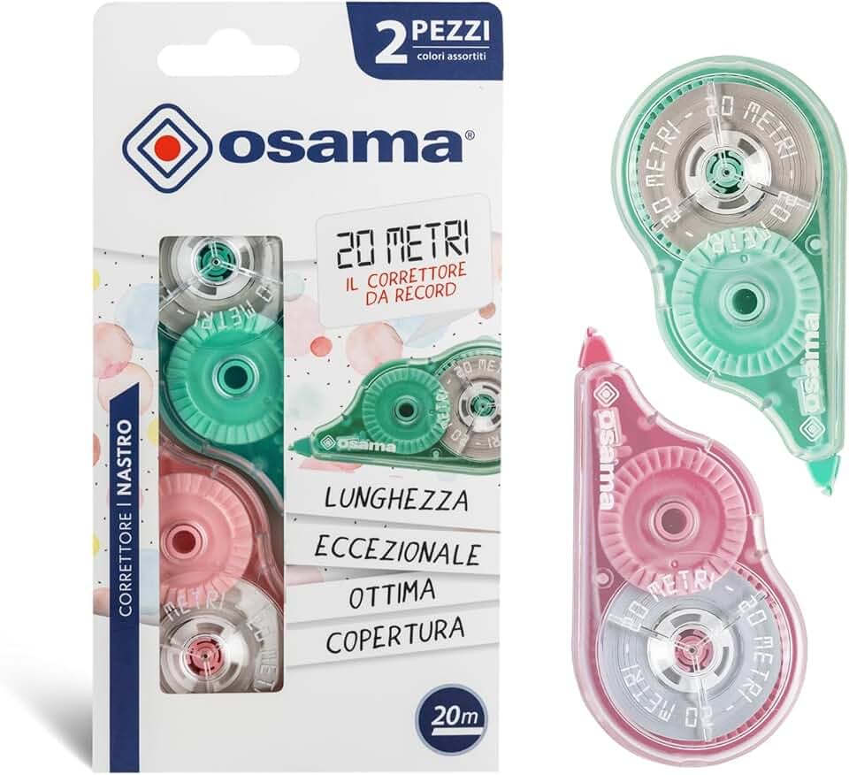 OSAMA - Bianchetto a Nastro, 2 Pezzi x 20 Metri (Tot 40m), Correttore a Nastro Cancelleria Scuola e Ufficio - Scolorina Set Utile per Cartoleria e Cose per la Scuola, Scorrevole e Coprente, Pastello