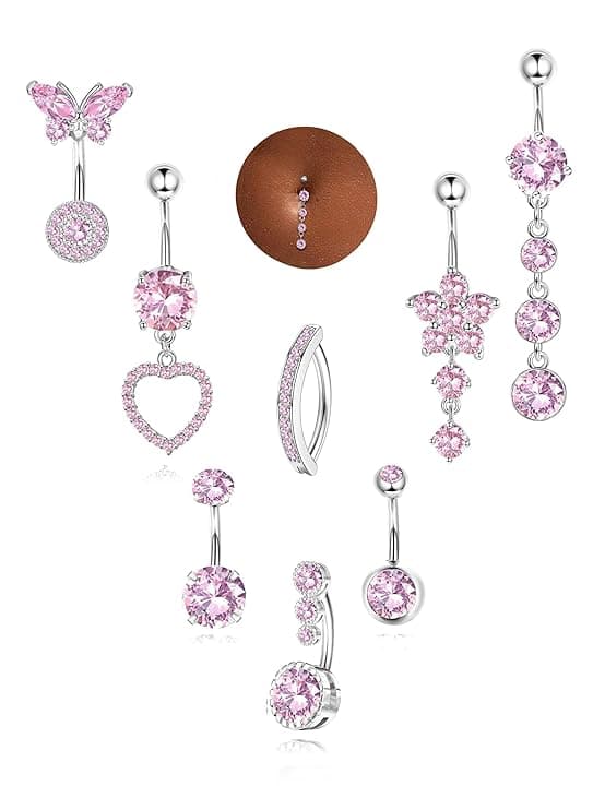 Milacolato Piercing Ombelico Acciaio Chirurgico, Set di 8 Navel Piercings, Gioielli Pendenti per la Cute a Fiore, Cuore e Farfalla, Gioielli per Gioiello per l'Addome Clicker per Donne e Ragazze