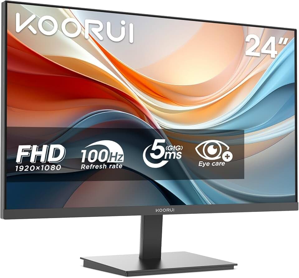 KOORUI E2412F Monitor PC 24 pollici, Full HD VA 100HZ, 5ms, 1920x1080, Schermo PC HDMI1.4 e VGA, VESA 100x100 mm, Adaptive Sync, Inclinazione Regolabile, Pannello ultra Sottile