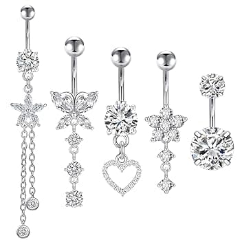 Kunaxku 5PCS Piercing Ombelico G23 Titanio Piercing Ombelico Anello 14G CZ ombelico Barra Pierce Pancia Bar Lungo Ombelico Barbell Ventre Anello Pierce Gioielli for Donna Uomo 5/8/10mm (Argento)