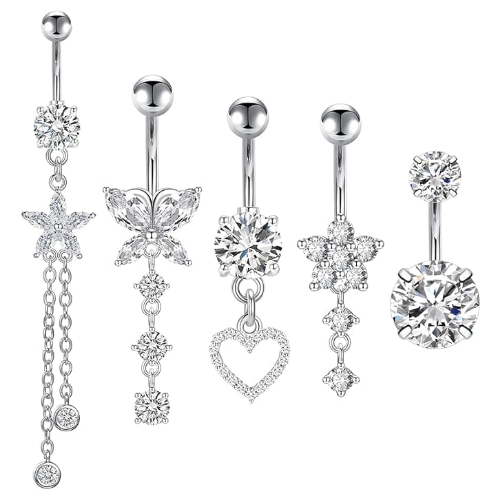 Kunaxku 5PCS Piercing Ombelico G23 Titanio Piercing Ombelico Anello 14G CZ ombelico Barra Pierce Pancia Bar Lungo Ombelico Barbell Ventre Anello Pierce Gioielli for Donna Uomo 5/8/10mm (Argento)