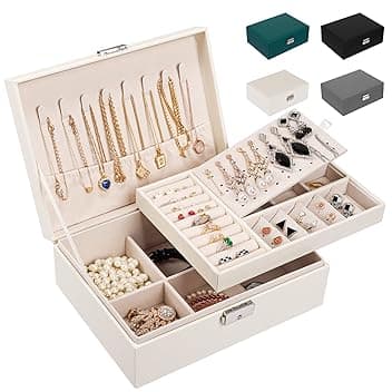 LUZOON LUZOON Portagioie Donna Ragazza, Grande Porta Gioielli Bambina a 2 Strati in Pelle PU Scatole Portagioielli Cofanetto per Collane, Orecchini, Bracciali-Chiudibile a Chiave con Chiave-Bianco