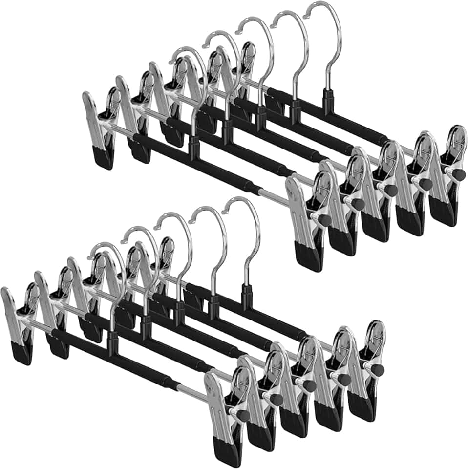 10 Pezzi Grucce Pantaloni, Grucce in Metallo con Pinze Regolabili, Appendiabiti Pantaloni, Grucce Gonne da Armadio con 2 Clip Antiscivolo Salvaspazio per Gonne Pantaloni e Sciarpe, Nero