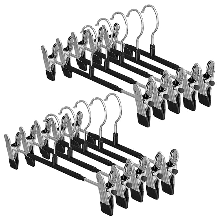 10 Pezzi Grucce Pantaloni, Grucce in Metallo con Pinze Regolabili, Appendiabiti Pantaloni, Grucce Gonne da Armadio con 2 Clip Antiscivolo Salvaspazio per Gonne Pantaloni e Sciarpe, Nero