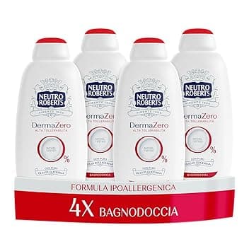 Neutro Roberts Bagnoschiuma Corpo Dermazero Ipoallergenico, Ottimo per Pelli Delicate e Sensibili, Privo di Sapone e Coloranti, Adatto a Uso Quotidiano e per l'Igiene dei Bambini, 4 Flaconi da 600 ml