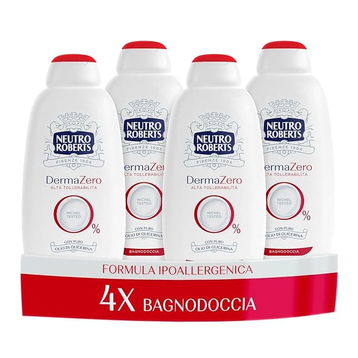 Neutro Roberts Bagnoschiuma Corpo Dermazero Ipoallergenico, Ottimo per Pelli Delicate e Sensibili, Privo di Sapone e Coloranti, Adatto a Uso Quotidiano e per l'Igiene dei Bambini, 4 Flaconi da 600 ml
